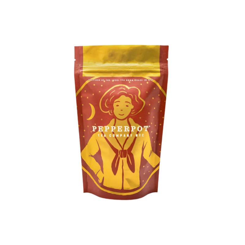 A packaged tea product with a colorful design featuring fruit-like imagery and the brand name 'Pepperpot Tea Co.' displayed prominently.