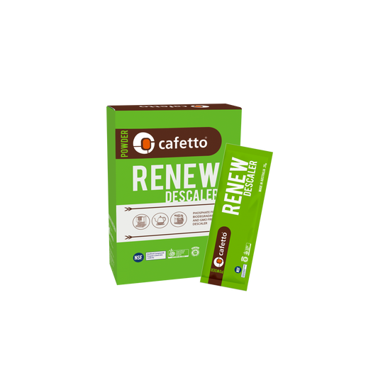 Green packaging of Cafetto Renew Descaler on a white background