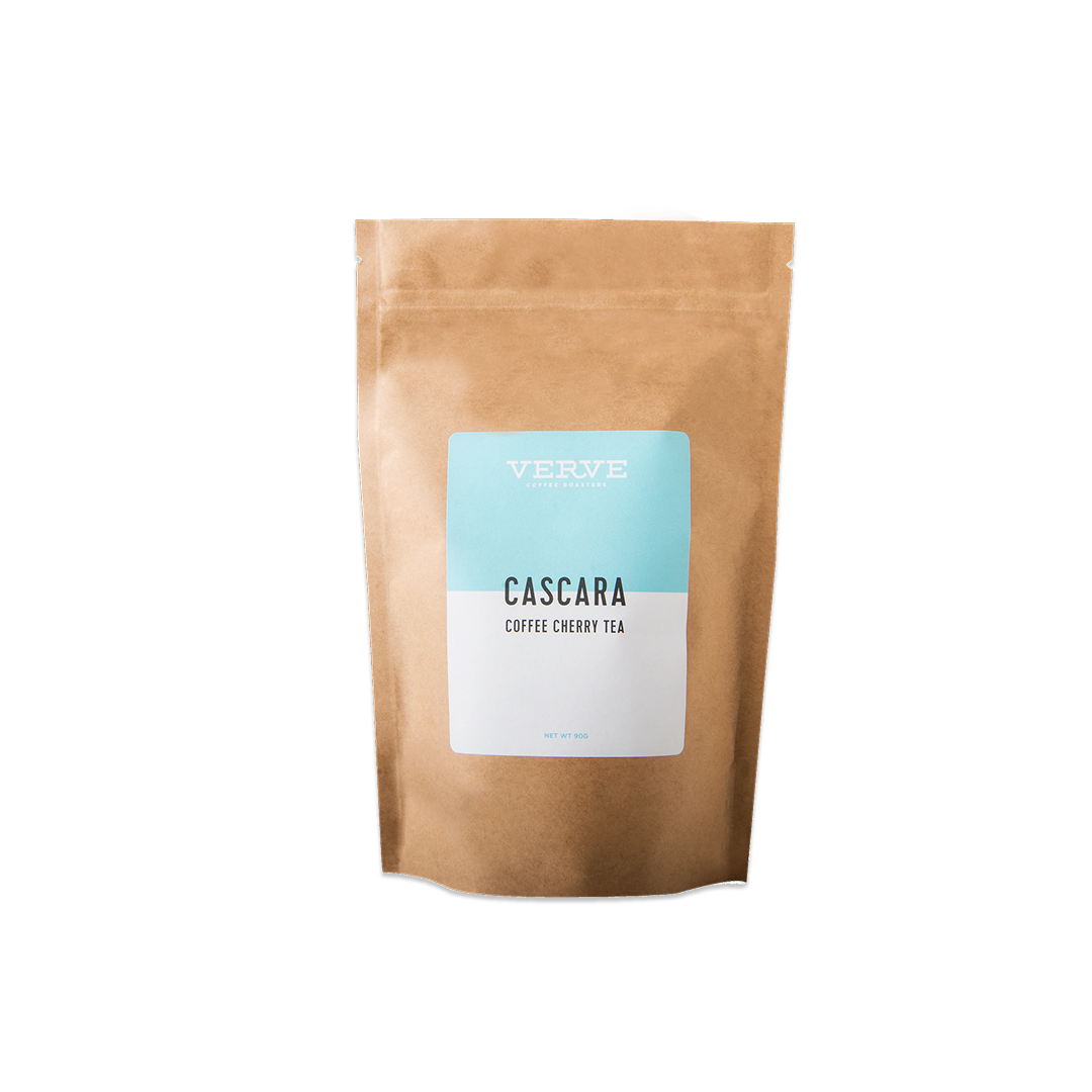 A packaged product labeled 'CASCARA Coffee Cherry Tea' from Verve, with a blue and white label on a brown paper bag.