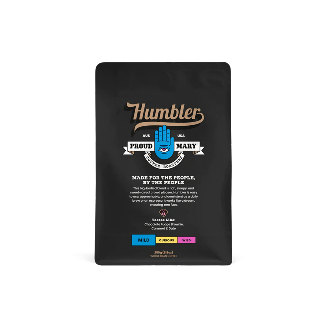 Black coffee packaging with 'Humbler' branding on a white background