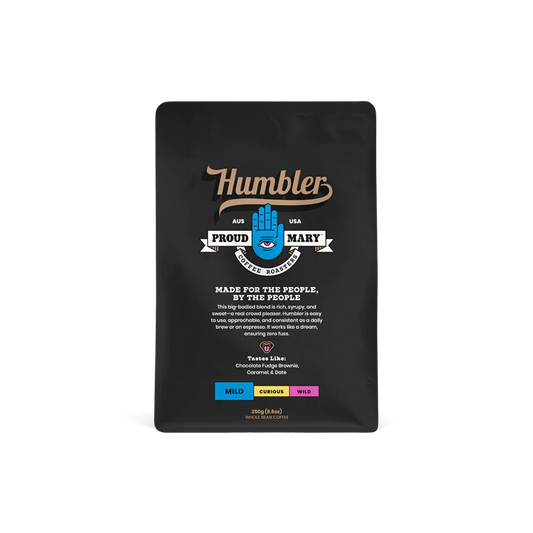 Black coffee packaging with 'Humbler' branding on a white background