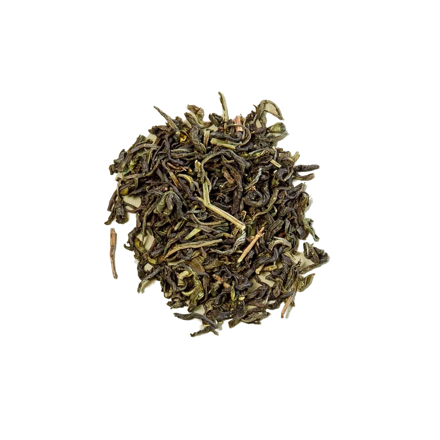Pile of green tea leaves on a white background