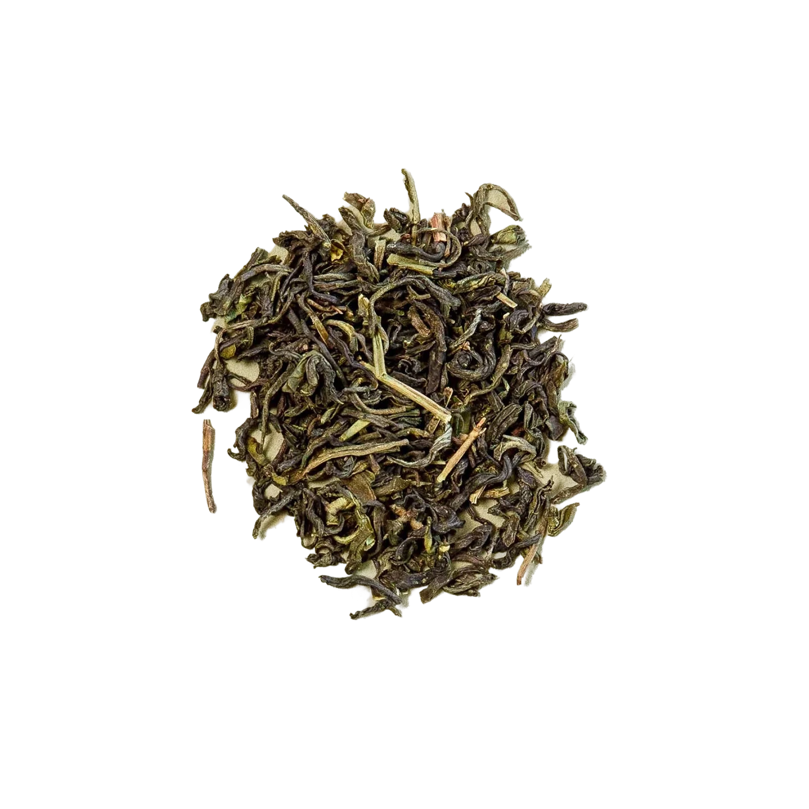 Pile of green tea leaves on a white background