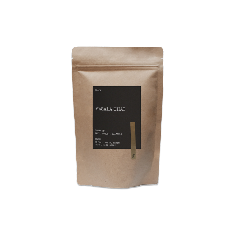 Kraft paper packaging of Masala Chai on a white background