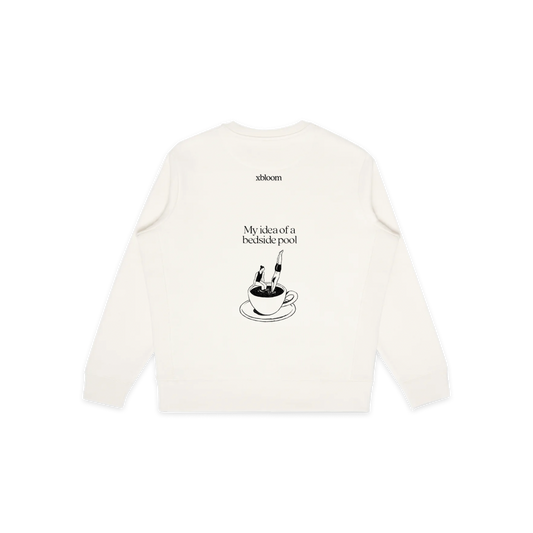 White sweatshirt with black graphic and text on a white background