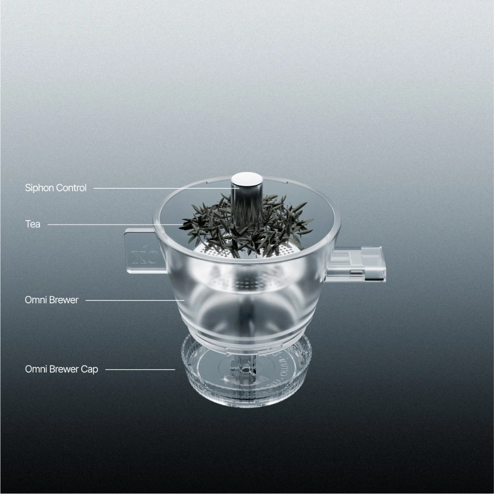 Tea Dripper with labeled parts on a reflective surface