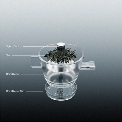 Tea Dripper with labeled parts on a reflective surface