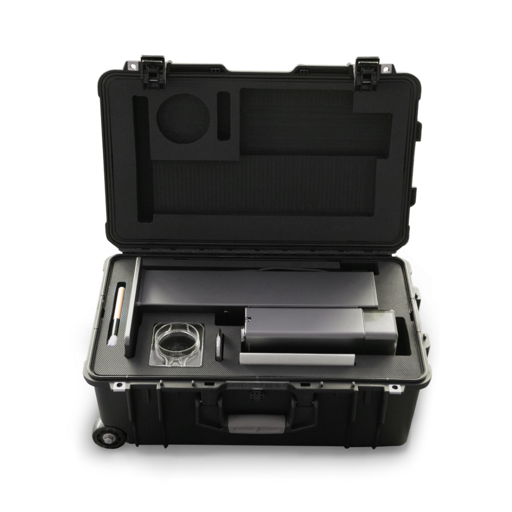Black protective case with compartments on a white background
