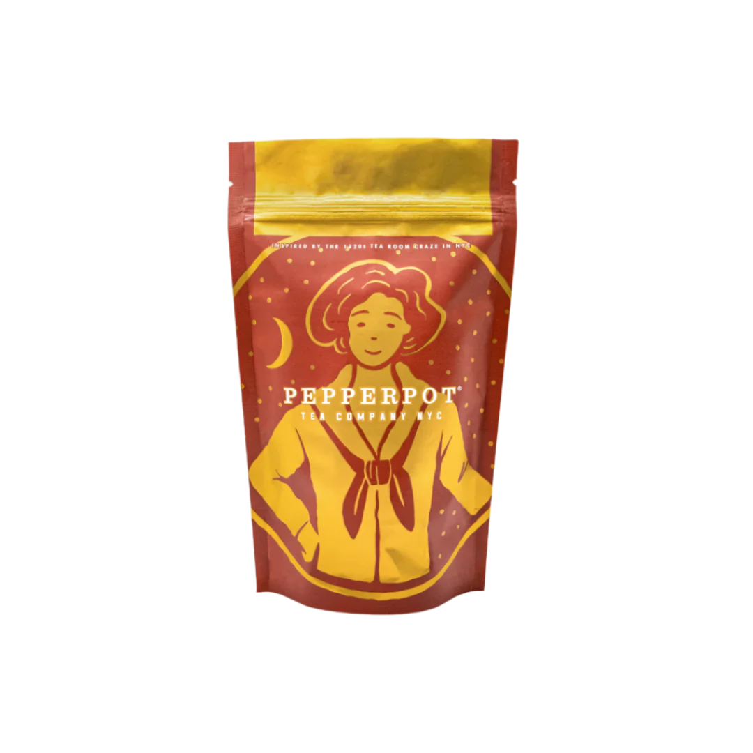 A packaged tea product with a colorful design featuring fruit-like imagery and the brand name 'Pepperpot Tea Co.' displayed prominently.