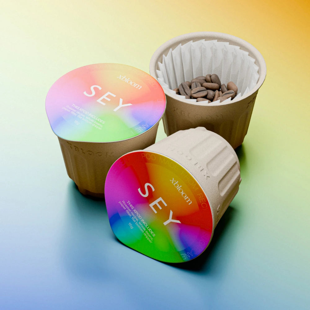 Three colorful plant pots with 'SEY' branding on a gradient background