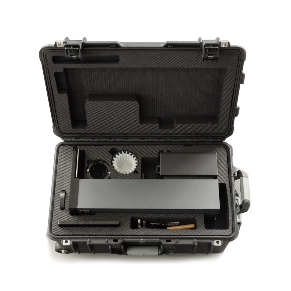 Black protective case with a mechanical device inside on a white background