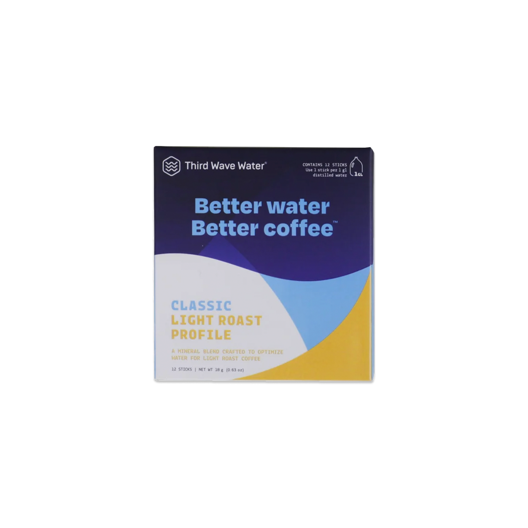 Third Wave Water packaging with blue and yellow design on a white background