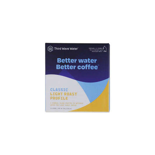 Third Wave Water packaging with blue and yellow design on a white background