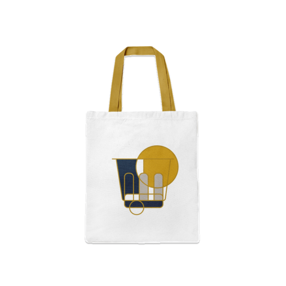 White tote bag with geometric design and brown handles on a white background