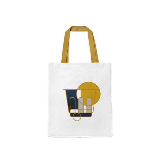 White tote bag with geometric design and brown handles on a white background
